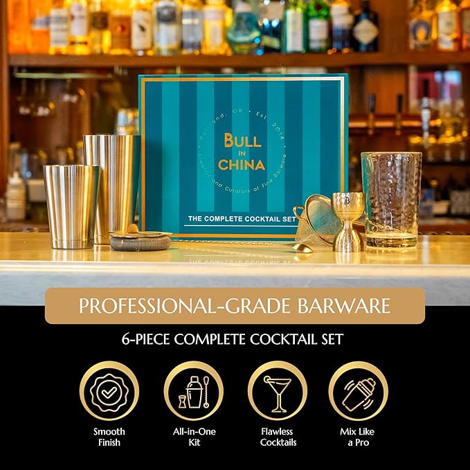 Shaken & Stirred Cocktail Set by Bull in China - Premium Bartender Gift Set w/ 2 Piece Weighted Shaker, Hammered Jigger, Hawthorne Strainer, Fine Mesh Strainer, Mixing Glass & Barspoon (Antique Brass)