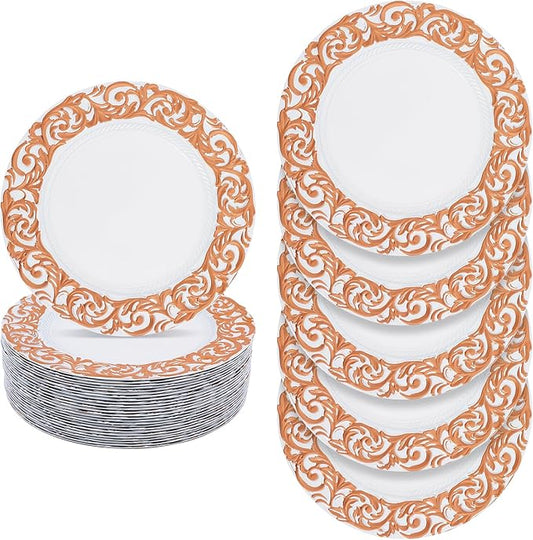 50 Pcs Antique Charger Plates Bulk 13" Round Floral Chargers for Dinner Plates, White Charger Plates for Wedding, Party, Elegant Tabletop Decor (White+Rose Gold)