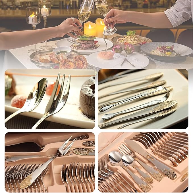 72/84 pcs Luxury Flatware Set with Gold Accents, Gold Flatware Serving Set for 12 for Formal Events, Parties, Tablewar in a Wooden Storage Case Chest(B,72pcs)