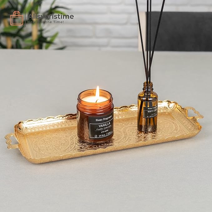 Alisveristime Turkish Ottoman Coffee Tea Beverage Serving Rectangle Tray (Small Tray) (13 INC*5.5 INC) (Gold)