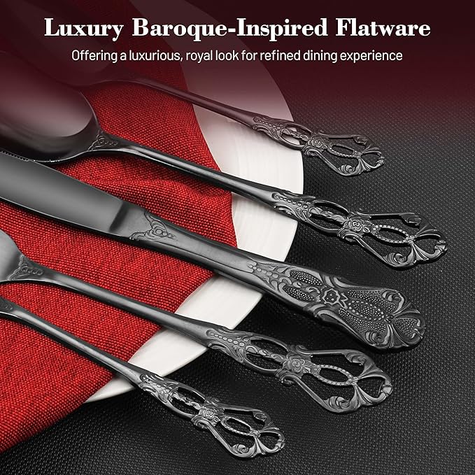 Black Silverware Set, 30 Pieces Retro Royal Silverware Set for 6, Gothic Decor Stainless Steel Flatware Set Including Fork Spoon and Knife, Dishwasher Safe, Black