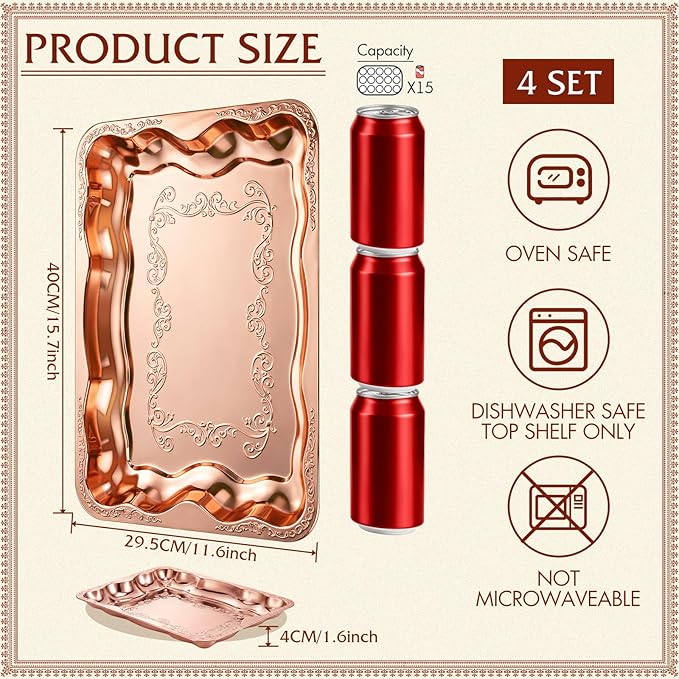 4 Pack Rose Gold Serving Trays Set for Party, Butterfly Floral Rose Gold Platter Engraved Mirror Tray, 15.8 x 11.6 Inches Elegant Metal Plate for Christmas Food Appetizer Cookies Desserts