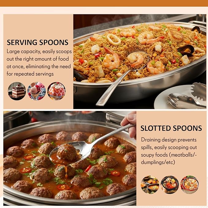 Hushee 24 Pcs Stainless Steel Serving Spoons Set 9.25" Include 12 Large Serving and 12 Large Slotted Spoons Buffet Silver Banquet Utensils for Kitchen Party Catering Dishwasher Safe