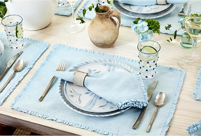 Solino Home Ice Water Linen Placemats 14 x 19 Inch - 100% Pure Linen Juliette Ruffle Placemats Set of 4 - Handcrafted and Machine Washable Table Mats for Christmas, New Year