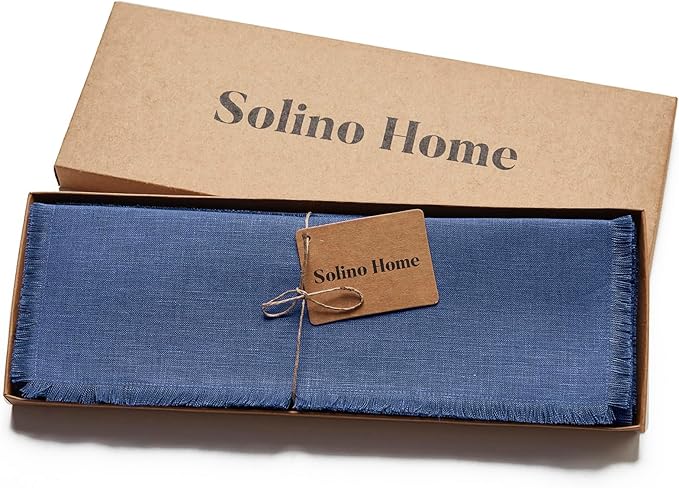 Solino Home Fringe Linen Placemats Set of 4 - Vintage Blue Placemats 14 x 19 Inch - 100% Pure Linen Table Mats