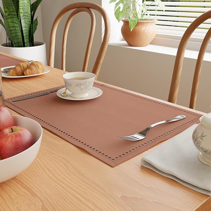 Encasa XO Placemats Set of 4 | Cotton Hemstitched Design | Tan | Rectangular 19"x13" - Dining Table Mat | for Dining Table Fall Decoration, Holiday & Christmas Festivals - Machine Washable