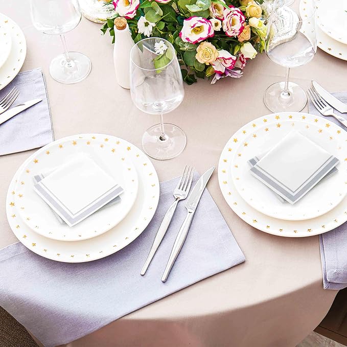 Gift Boutique Gray and White Cocktail Napkins – 120 Pack 5 x 5 Inch 3-Ply Disposable Lined Beverage Napkins for Parties, Weddings, Anniversaries, Events, and Special Occasions