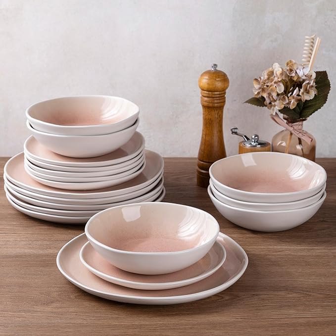 AmorArc Ceramic Dinnerware Sets,Handmade Reactive Glaze Stoneware Plates and Bowls Sets,Highly Chip and Crack Resistant | Dishwasher & Microwave Safe Dishes Set,Service for 4 (12pc)-Pink