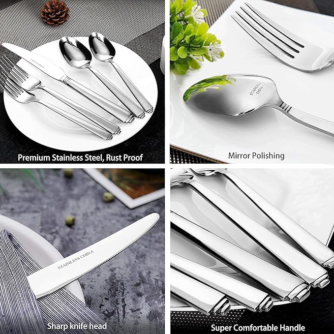 Lorena Flatware Set for 4, 20-Pieces Stainless Steel Silverware Sets Service for 4, 20 Pcs Flugh Cutlery Set Fork Knife Spoon Set,Dishwasher Safe