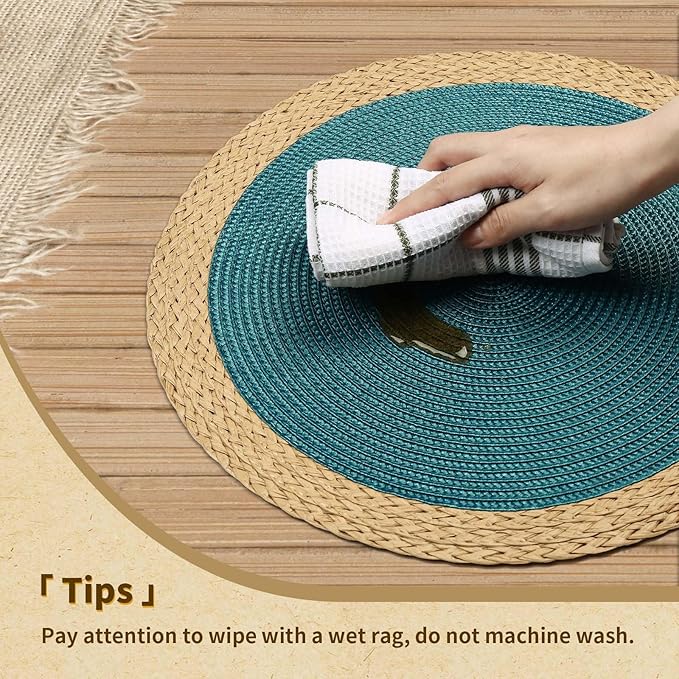 Noctiflorous Round Placemats Set of 6, 15 Inch Braided Hand Woven Table Mats, Heat Resistant Non-Slip Wipeable Wide Edge Place Mats for Kitchen Dining Indoor Outdoor Use(Blue, 6)