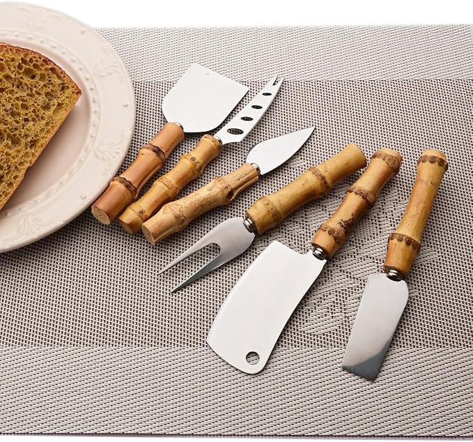 Gugrida Flatware Silverware Serving Set Silver Stainless Steel Hostess Serving Utensil Set with Bamboo Handle Dishwasher Safe, 6pieces Cheese Knife Set