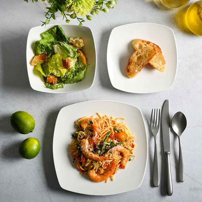 White Square Stoneware Dinnerware Set 12-Piece, Everyday Dishware Set for Home & Apartment, Durable & Stylish Tableware
