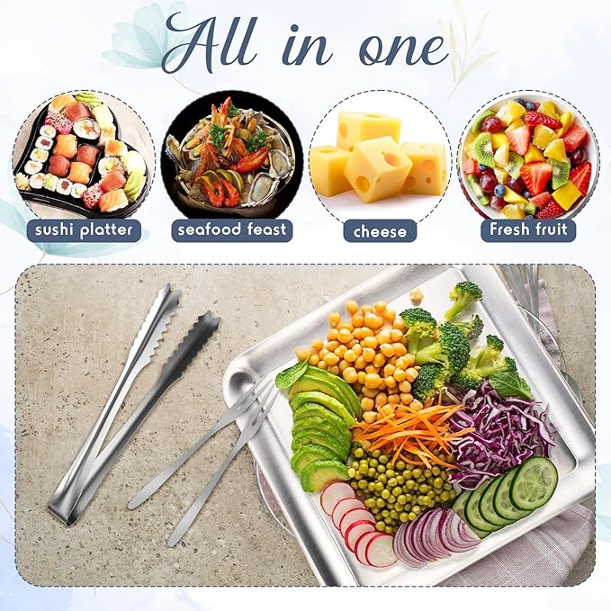 Baderke 9" Chilled Serving Tray for Christmas Parties Ice Chilled Party Platter Charcuterie Serving Board Cold Dish Dip with Forks Tongs for Fruit Seafood Vegetable Appetizer(Silver,2 Set)