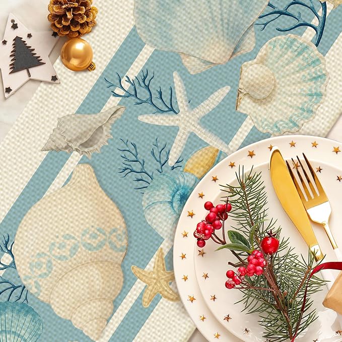 Seashells Starfish Table Runner Seasonal Holiday Kitchen Dining Linen Table Decoration for Indoor Outdoor Home Party Decor 13 x 72 Inch