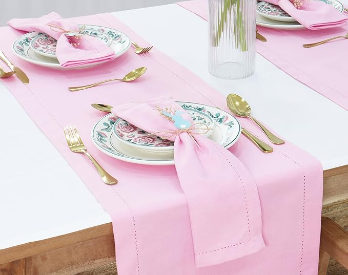 PurpleEssences Set of 12 Hemstitch Cloth Dinner Napkins 100% Cotton - Soft Durable Washable - Ideal for Wedding Spring Easter Summer - Perfect Everyday Use Table Linen 18x18 - Blush Pink