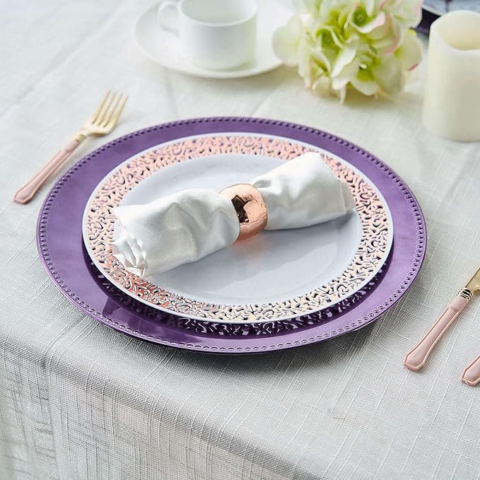 13" Charger Plates -Set of 12 - Acrylic Purple Round Beaded Disposable Chargers, Ideal for Dinner Party Wedding Bulk Events Tabletop Decoration