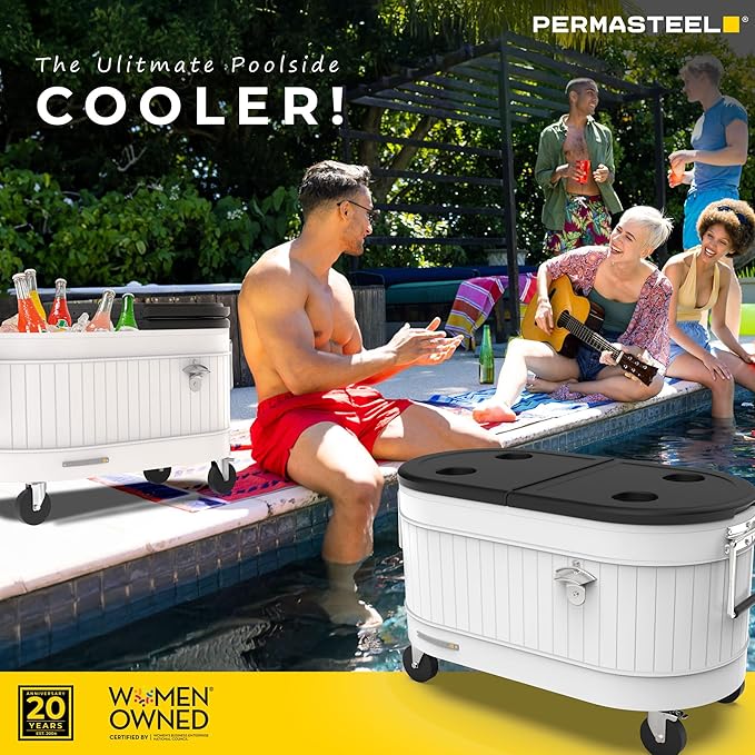 Permasteel Rolling Patio Cooler – Large Outdoor Ice Chest with Wheels, Beverage Cooler for Backyard, BBQ, Tailgate, Beach, Parties, Rustic Farmhouse Design