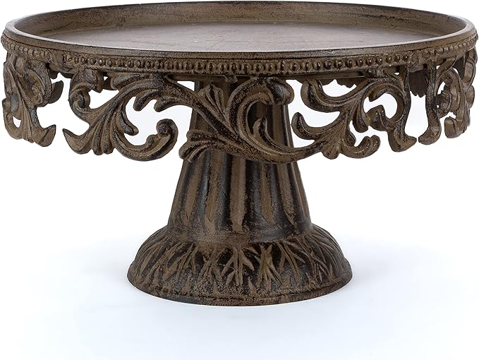 Glass Domed Cake Pedestal with Acanthus Leaf Ornate Brown Metal Base and Cream Ceramic Plate
