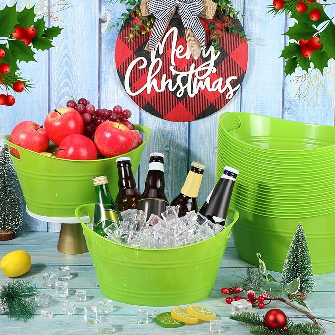 Norme 24 Pcs Oval Storage Tub with Handles 4.5L Plastic Ice Bucket, Wine, Beer, Champagne Drink Cooler for Parties, Beverage Storage Basket (Lime Green)