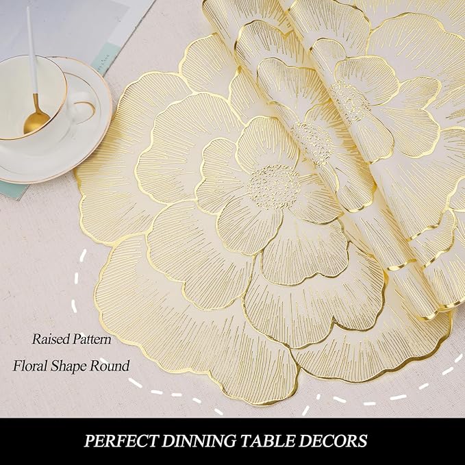 Floral Round Placemats Set of 6 Gold Vinyl Table Mats Heat Resistant Non Slip Place Mats for Dinning Table Setting Christmas Wedding Thanksgiving Party Decoration