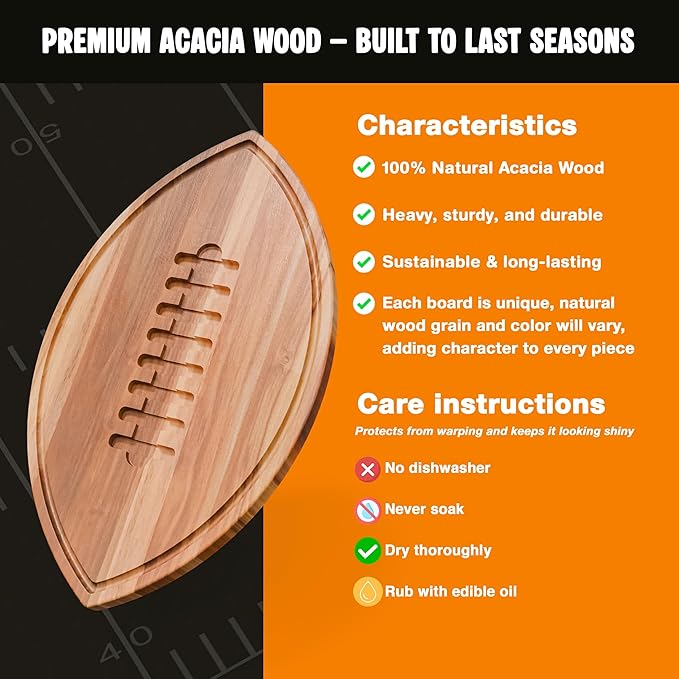 Football Shaped Cutting Board – Acacia Wood Charcuterie Tray – Wooden Football Serving Platter for Super Bowl Parties, Tailgate Hosting & Gifts