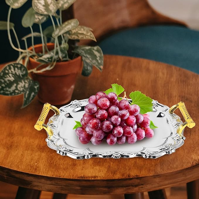 Luxshiny Stainless Steel Serving Tray with Handles European Style Vintage Platter for Snacks Beverages and Appetizers for Home Restaurant and Event Use