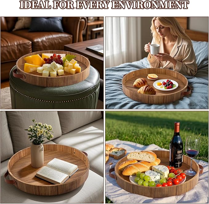 Ottoman Tray with Handles, 20 Inches Round Large Tray for Ottoman Wooden Serving Tray Decorative Trays for Living Room Wooden Trays for Party, Dinner, Breakfast, Appetizers, Entertaining Guests