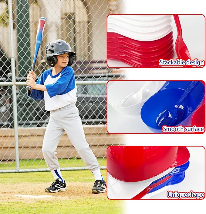 24Pcs Baseball Helmet Bowl,8oz Mini Dessert Bowls with Spoons,Reusable Appetizer Cups for Ice Cream,Snacks,Cake,Pudding,Yogurt,Birthday Party Supplies(Red,Blue,White)