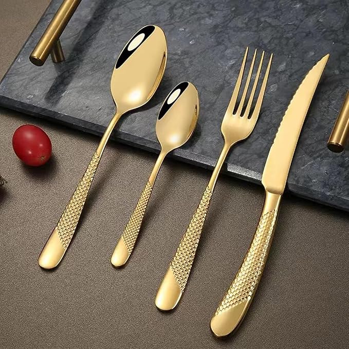 diamond hammered silverware set, 30-piece cutlery set for 6 people, Checkered Handle Stainless Steel Flatware serving set - Cutlery Set For Home Kitchen