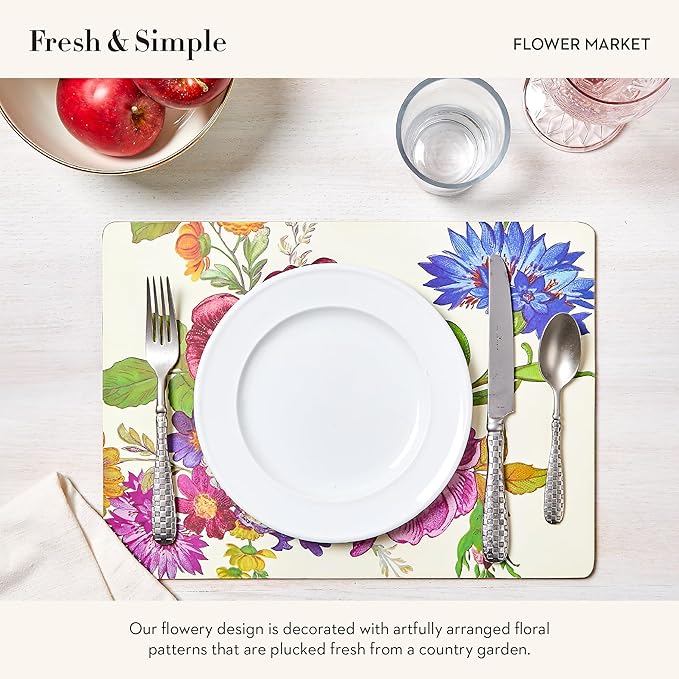 MACKENZIE-CHILDS Cork-Back Placemats, Hard-Finish Washable Table Mats, Set of 4, White Flower Market