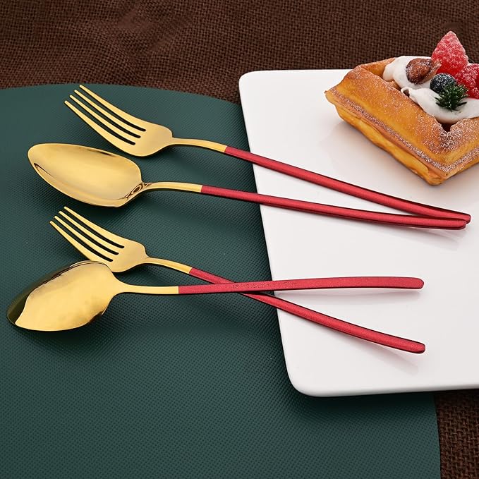 36pcs Silverware Set, 18/10 Stainless Steel Serving Flatware With Curved Handle For 6, Durable Eating Utensils For Home Entertaining, Mirror Polished (Red Gold)
