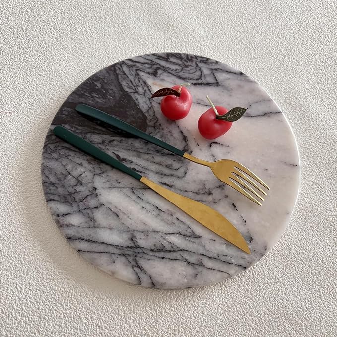 Natural Round Marble Tray Glossy Pastry Board for Dessert, Cheese, Coffee, Smooth on Both Sides (Black Purple)