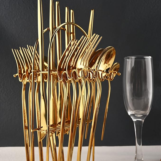 JASHII 24-piece Forks and Spoons Silverware Set with Stand, Metal Tableware Cutlery Set White and Gold Plated Stainless Steel Flatware Set,Service for 6,Mirror Polished