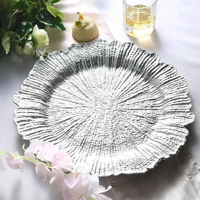 13" Charger Plates - Set of 24 - Acrylic Silver Round Reef Disposable Chargers, Ideal for Dinner Party Wedding Holiday Bulk Events