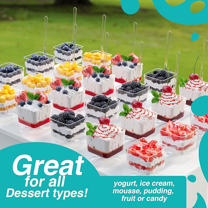 Exquisite Mini Dessert Cups With Spoons 2,400 Pcs - 2 Oz Square Clear Plastic Pudding Cups Disposable With Tasting Spoons 1,200 Sets | Mini Parfait Cup | Appetizer Cup For Party & Events