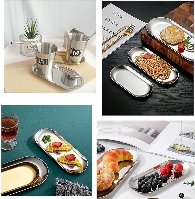 1 Pcs Gold Trinket Tray Oval Stainless Steel Small Serving Trays Towel Storage Dish Plate Tea Fruit Trays Jewelry Plate Decorative Storage Tray (Gold 1pcs, 9 x 3.8 Inch)