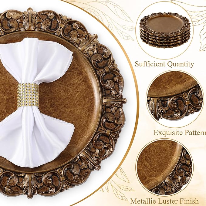 6 Pcs Antique Gold Charger Plates Bulk 13 Inch Embossed Rim Plastic Round Decorative Vintage Plates Charger for Dinner Wedding Party Event Table Setting Decoration (Vintage)