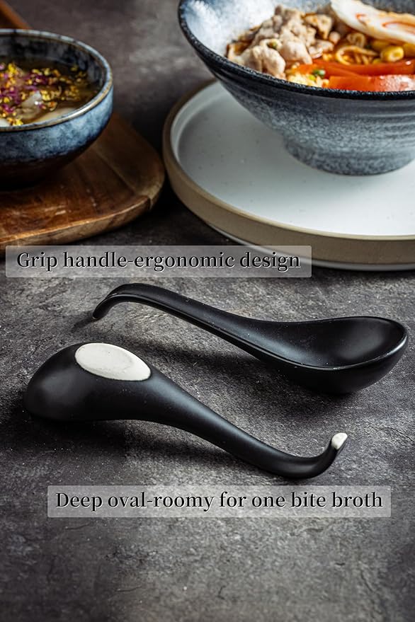 LYEOBOH Soup Spoons, Ceramic Soup Spoon Set of 6-6.5 inch Tablespoons, Dishwasher & Microwave Safe, Chinese Spoons with Deep Hook Design, Black