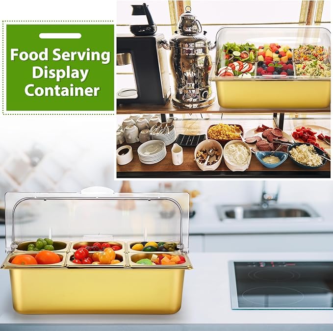Countertop Food Serving Display Container Clear Roll Top Cover 6 Pan Stainless Steel Ice Food Buffet Server Salad Bar Pizza Topping Station Condiment Dispenser Restaurant Kitchen Party(Gold)