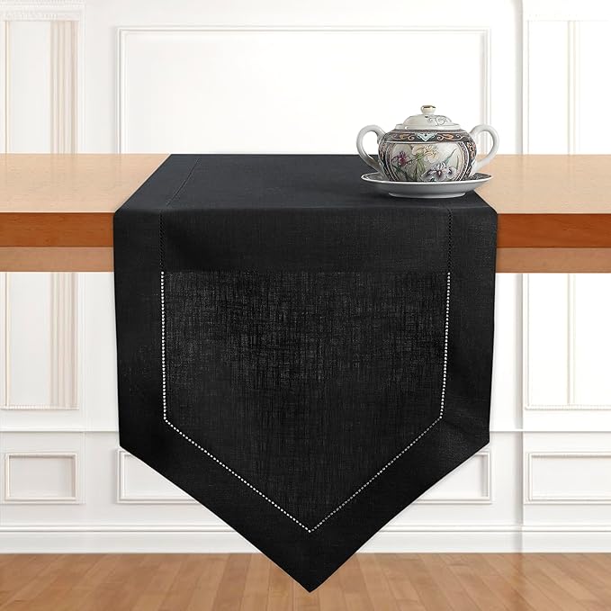 D'Moksha Homes Black Linen Table Runner 72 Inches Long - 100% Pure Linen Diamond Table Runner 14 x 72 Inch for Dining, Winter, Christmas, Holiday, New Year - Machine Washable