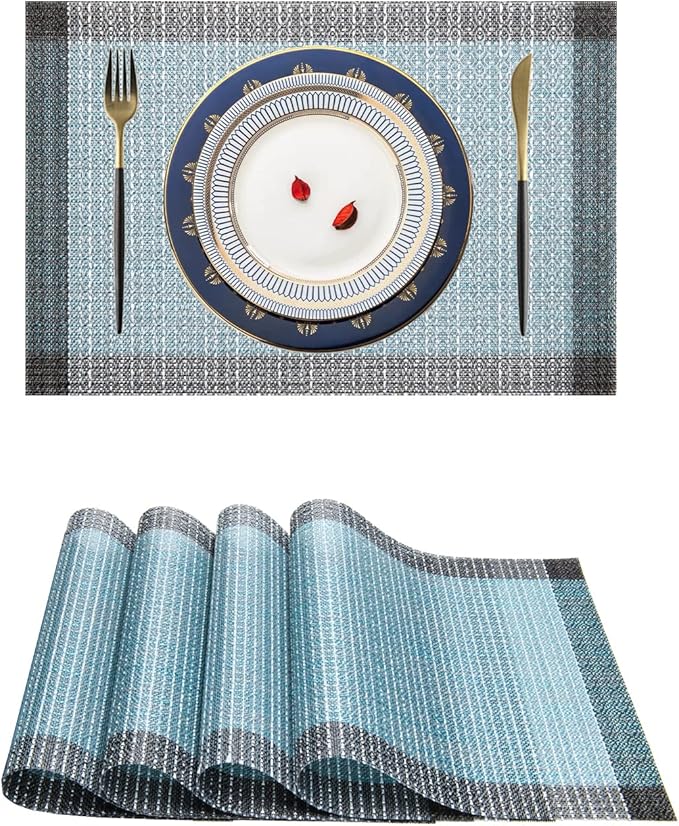 Placemats,PlasticVinyl Washable Heat-Resistant Durable PVC Non-Slip Woven for Kitchen Dining Table Mats (Set of 4, Blue Silver)