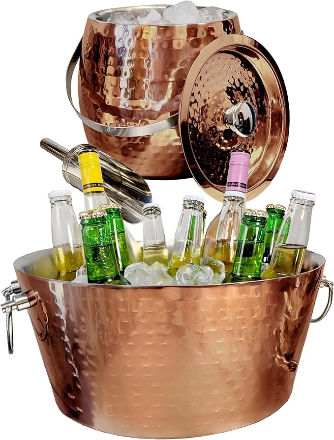 BREKX Rose Copper Beverage Tub and Ice Bucket with Lid and Scoop Party Combo Pack, Stainless Steel Double-Walled Insulated Barware Set