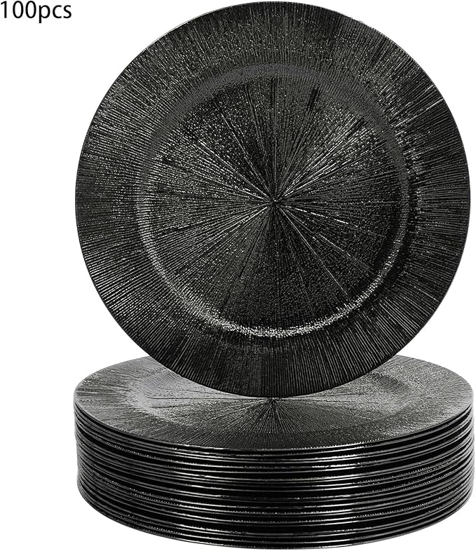 Black Plastic Charger Plates Set of 100, 13” Reusable Party Chargers for Dinner Plates, Elegant Round Service Plate Chargers Bulk Decorative for Wedding, Catering Table Decor