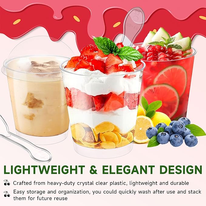 OTOB 150 Pack 6 oz Dessert Cups with Lids and Spoons | Serves 50 | Round Small Yogurt Parfait Cups for Appetizers, Mini Clear Dessert Bowls Cups for Puddings Mousse Ice Cream Fruit Trifle