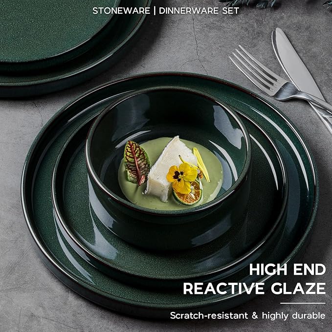 Onader Stoneware Dinnerware Sets for 4, Reactive Glaze Plates and Bowls Sets, Ceramic Dish Dinner Set with Rustic Terracotta Bottom, 12 Piece Elegant Dishware - Emerald Green