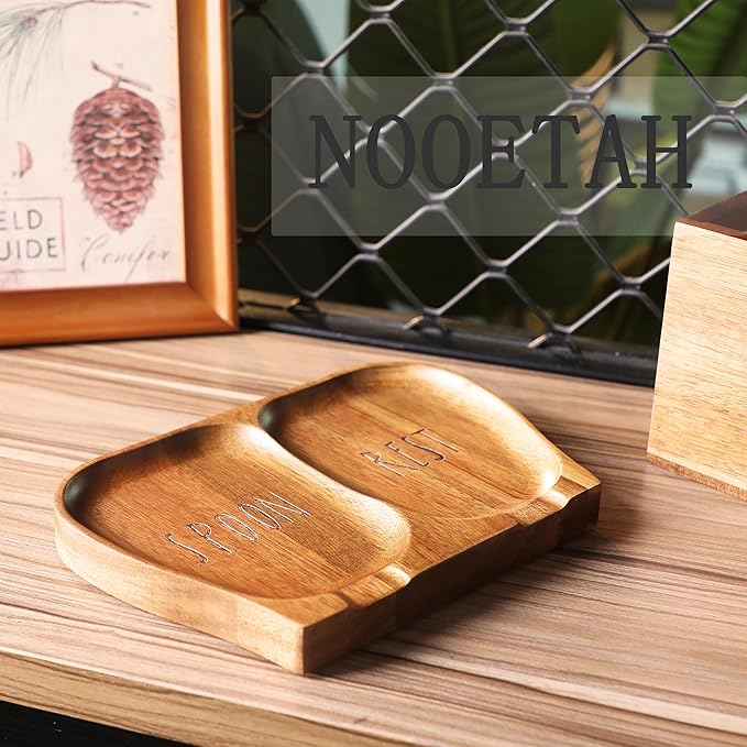 Large Acacia Wood Spoon Rest, Double Wooden Spoon Holder With Non Slip Silicone Feet, Handmade Kitchen Rest for Kitchen Countertop (Brown(Labeled "SPOON REST"))