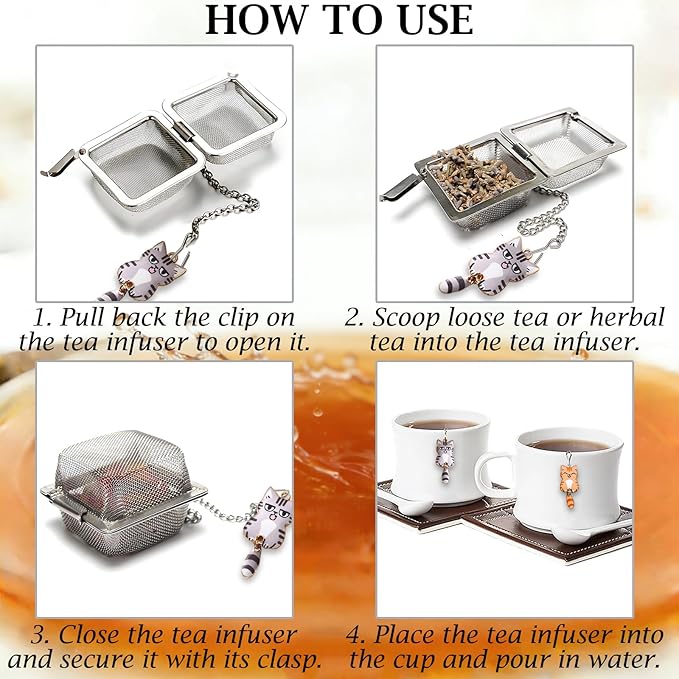 Cat Tea Infuser Set, 2PCS Cubic Loose Leaf Tea Steeper Reusable Stainless Steel Mesh Bags, Cute Tea Strainer with Waving-Tail Cat Charms (Orange Tabby & Silver Tabby)