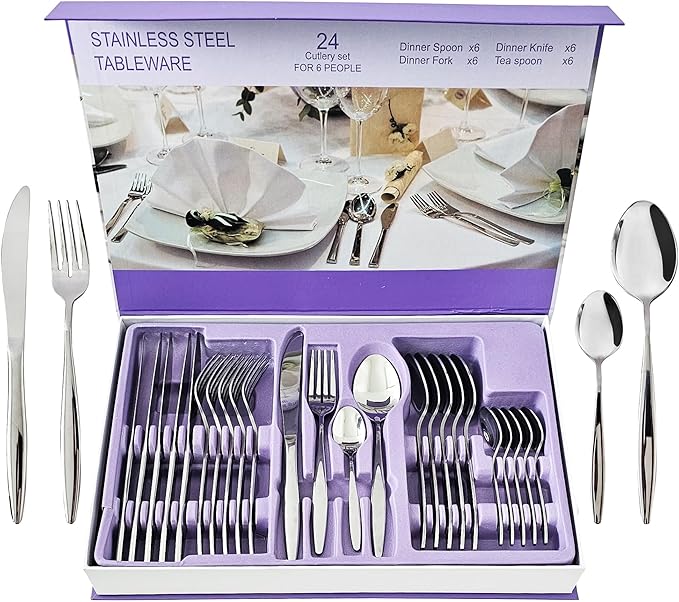 24-Piece Stainless Steel Silverware Set for 6, Mirror-Finish Forks and Spoons Flatware Set, Stylish Kitchen Cutlery Set for Home & Restaurant, Ideal Gift for Family and Friends