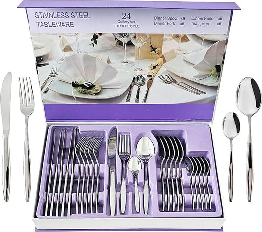 24-Piece Stainless Steel Silverware Set for 6, Mirror-Finish Forks and Spoons Flatware Set, Stylish Kitchen Cutlery Set for Home & Restaurant, Ideal Gift for Family and Friends