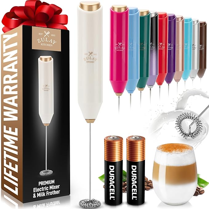 Zulay Kitchen Powerful Milk Frother Handheld with 2 Duracell AA Batteries – Ultra Fast Frother Wand Electric Drink Mixer for Coffee, Lattes, Cappuccinos, Matcha & Hot Chocolate – Portable Foam Maker